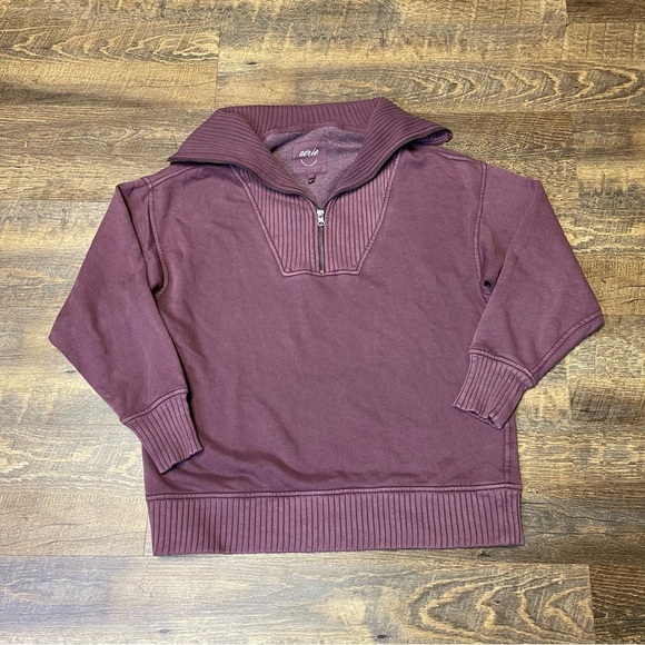 AERIE Down To Earth 1/4 Zip Oversized Sweatshirt Ribbed Wide Funnel Collar XS - Picture 2 of 10